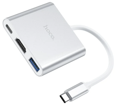 Фото 1 — Адаптер HOCO HB14 Easy USB-C на USB3.0+HDMI+USB-C, PD 67W (серый)